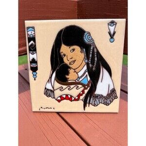 Vintage Earthtones Leone Kuhne Native American Mother And Child Art Tile 1990